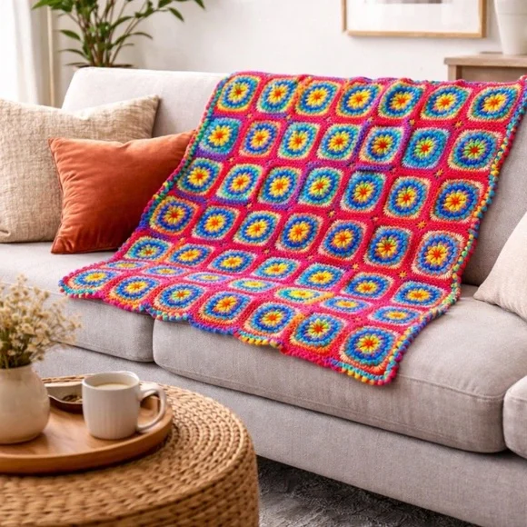 Truly VINTAGE crochet throw blanket colorful pink blue yellow 53 x 64 - Picture 4 of 14